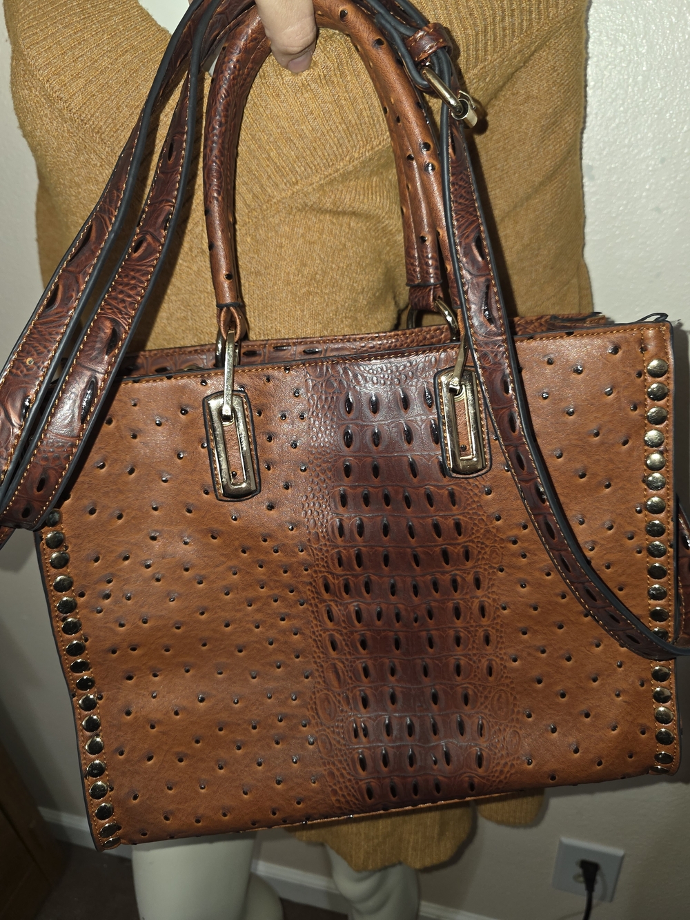 Cognac Croc-Embossed Studded Satchel